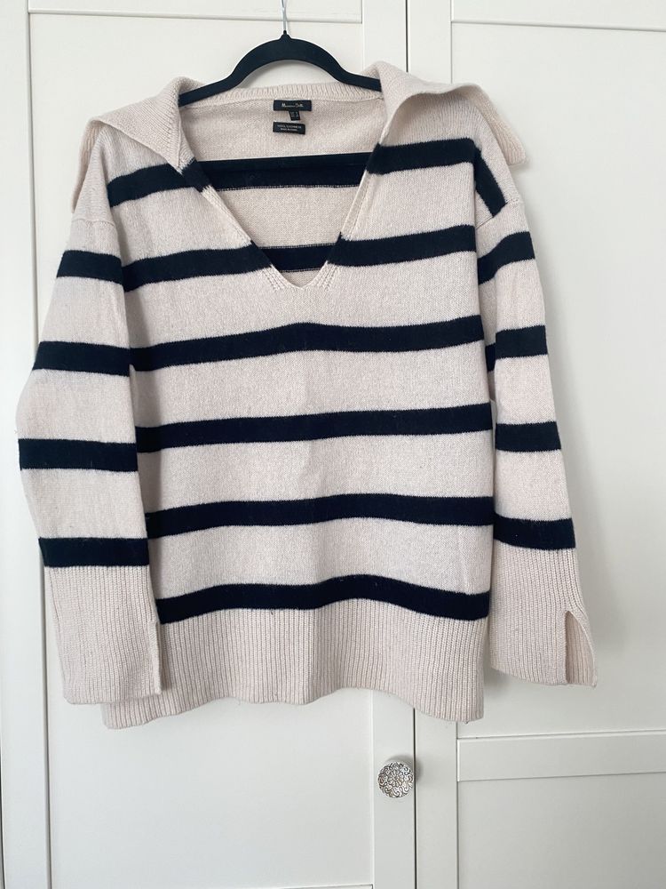 Sweter massimo dutti w paski czarno bezowy welna i kaszmir