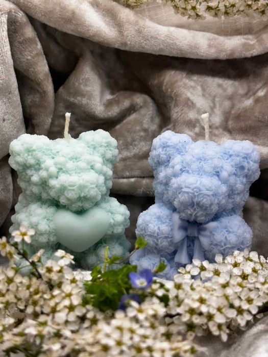 Zestaw pięknych świec świeczek dwa misie z kokardką i serduszkiem