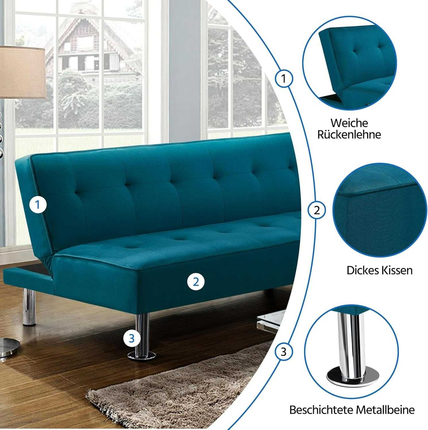 Kanapa Sofa rozkładana Yaheetech 3-osobowa łóżko gościnne 166 × 92 cm