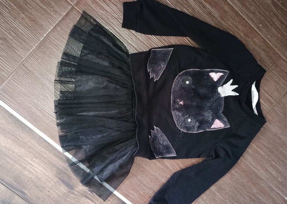 Spodniczka tiulowa i bluza H&M 98 czarny kotek komplet zestaw spodnica