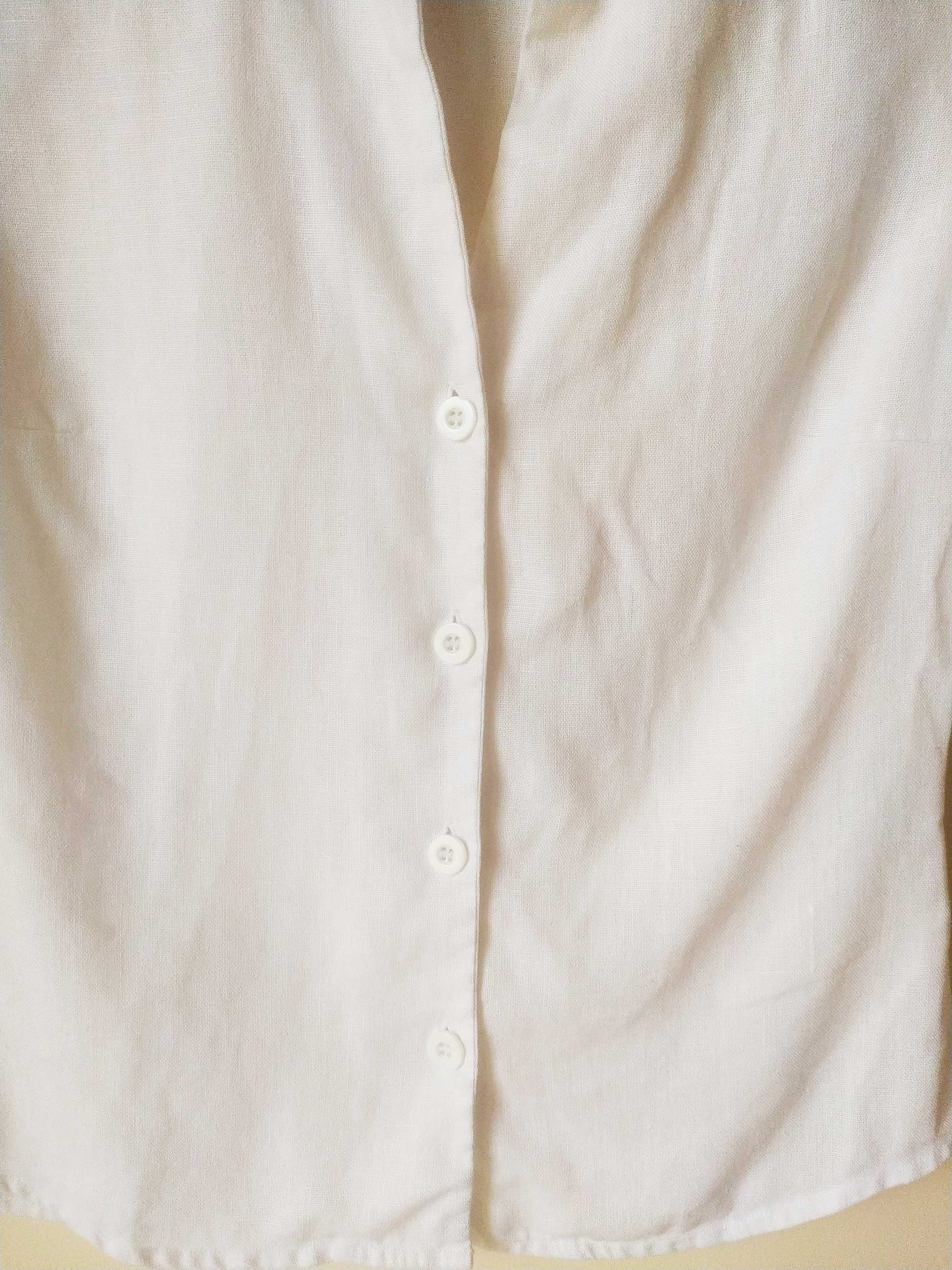 Biała lniana bluzka z krótkim rękawem, 100 % len, rozmiar S