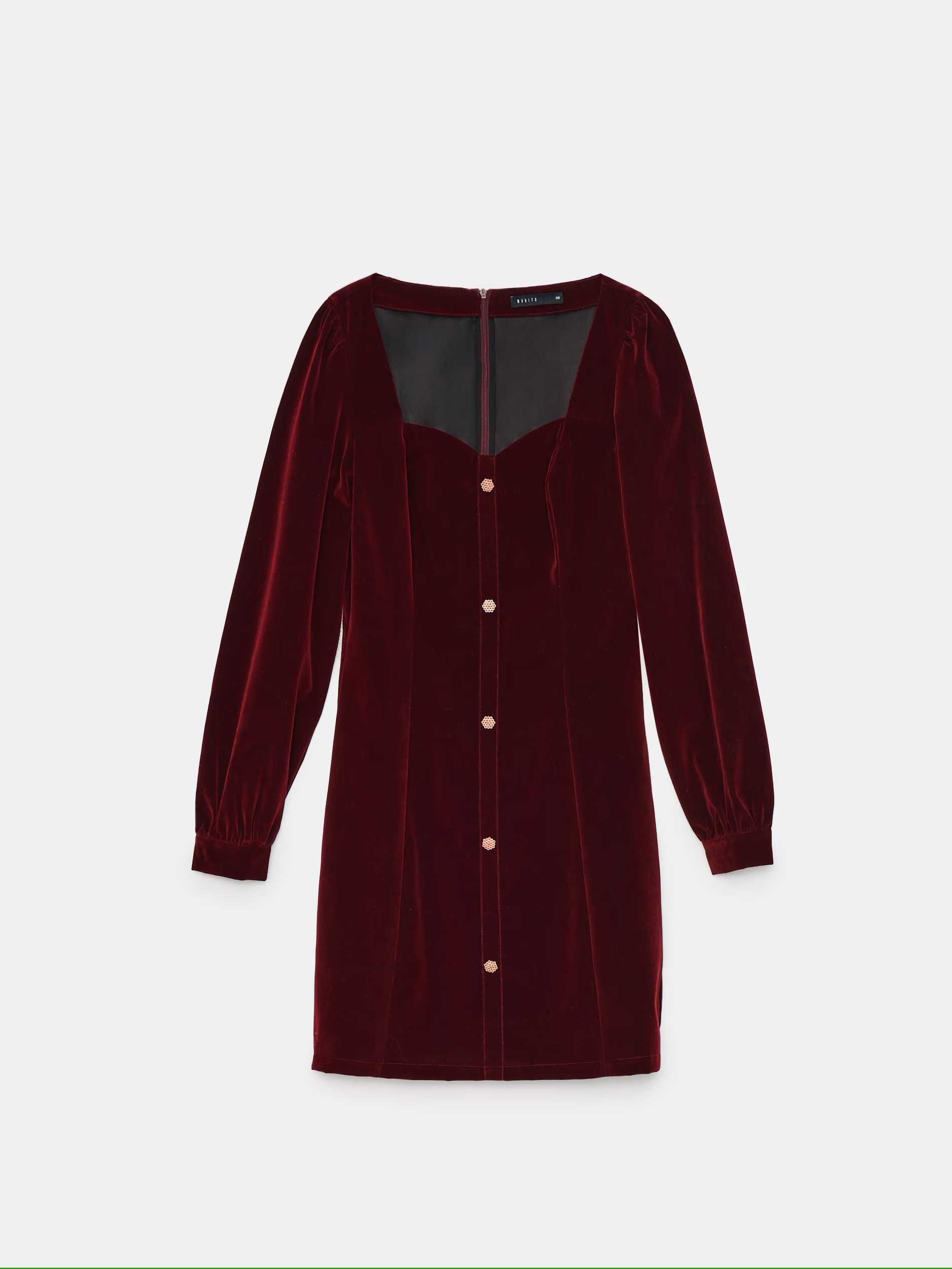 Sukienka bordo welur dekolt karo ozdobne guziki cyrkonie MOHITO 42/XL