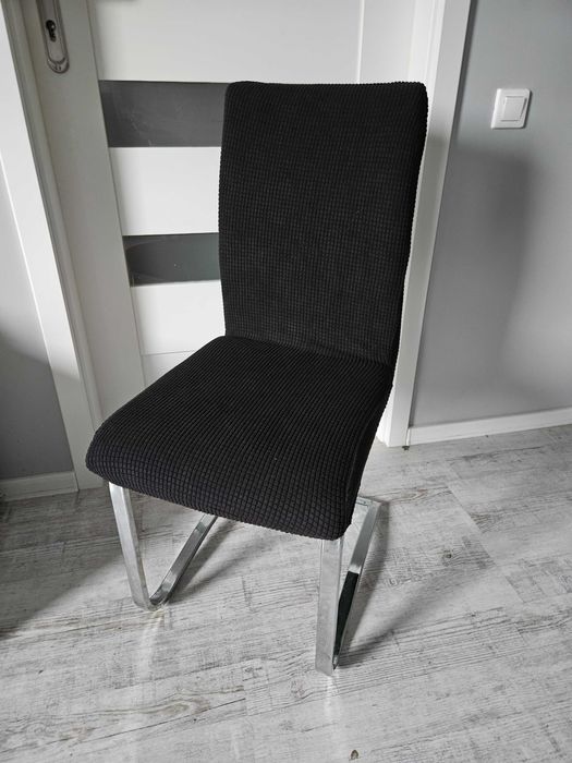 Pokrowce na krzesła komplet czarne żakardowe kratka 4 szt