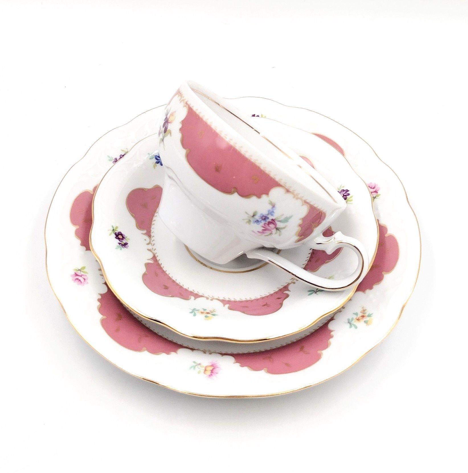 Trio filiżanka Kahla pastelowa porcelana kwiaty różowa retro róże zloc