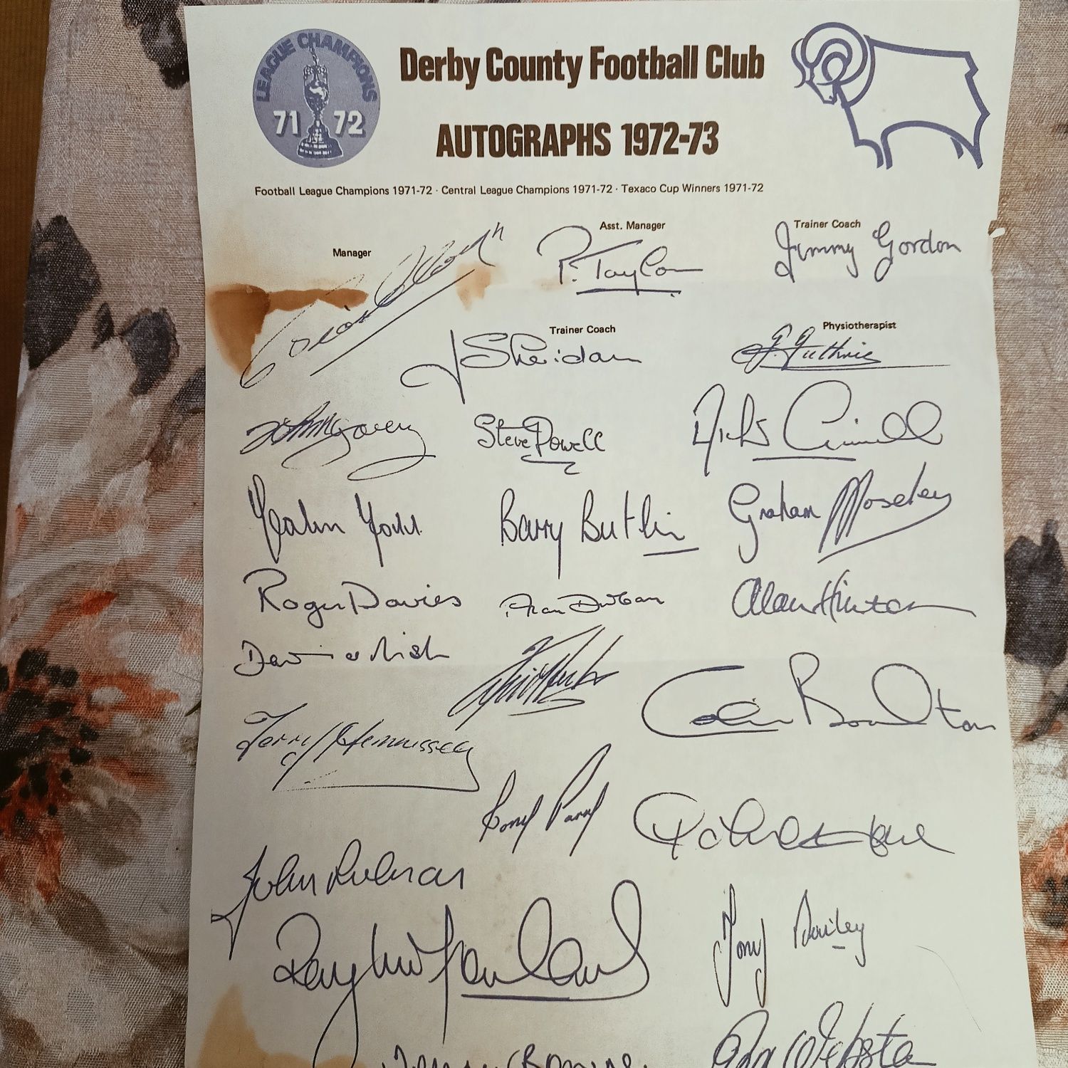 Autografy piłkarzy Derby County z lat siedemdziesiątych ,  wydruk