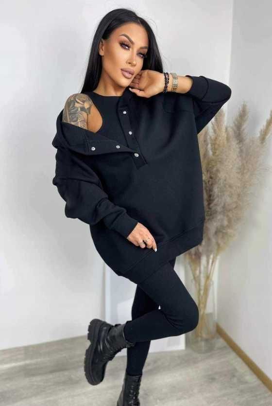 Komplet 3 częściowy dresowy damski czarny legginsy + bluza + top UNI