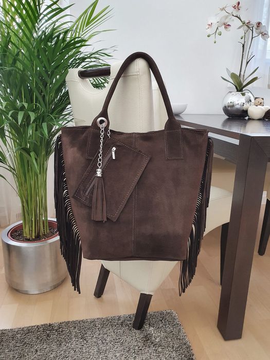 VERA PELLE torebka damska zamszowa shopper z frędzlami V460 c.brązowa