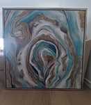 Quadro abstrato original com moldura – tons terra, azul e dourado