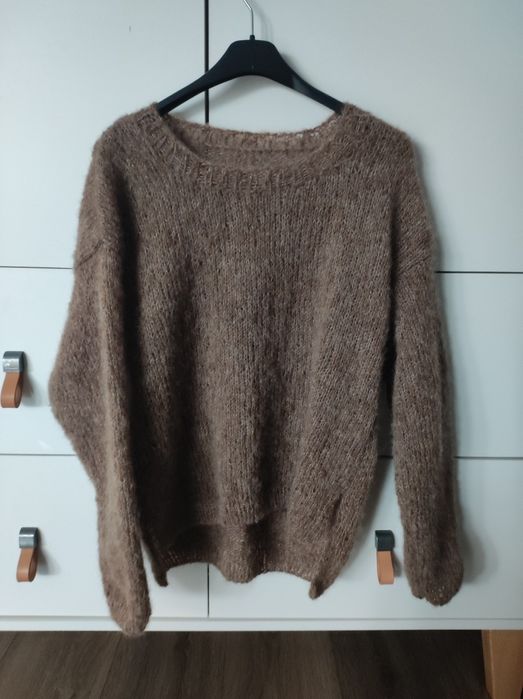 Sweter sweterek alpaka z jedwabiem wełna drops brushed beżowy brązowy