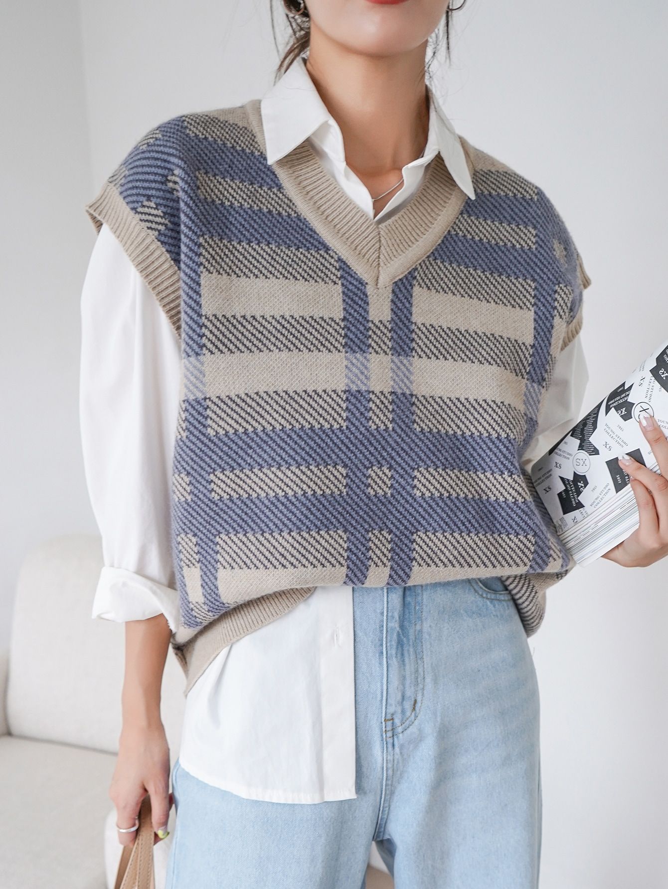 Sweterek Kamizelka Oversize Luźna W Kratkę Z Dekoltem V Casual Dazy M