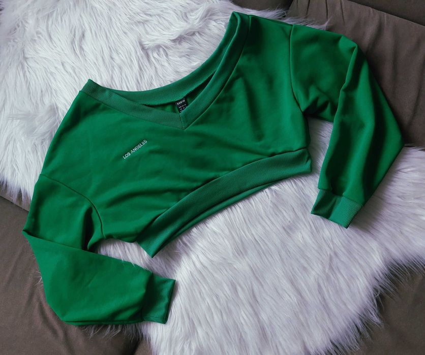 zielona bluza krótka asymetryczna na jedno ramie xs s m l oversize