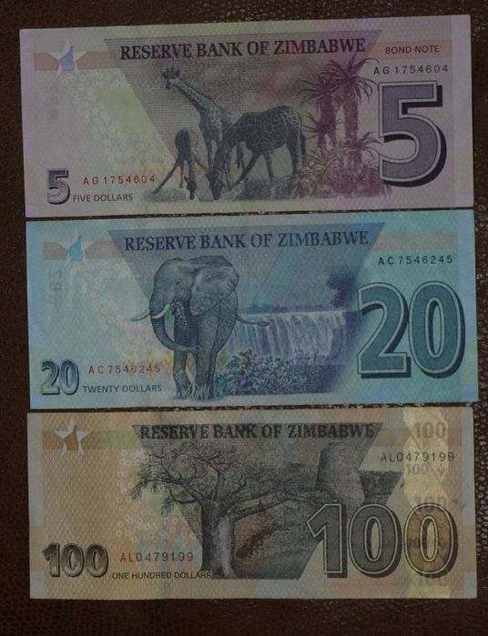 Banknoty 5, 20, 100 dolarów Zimbabwe 2016 do 2020