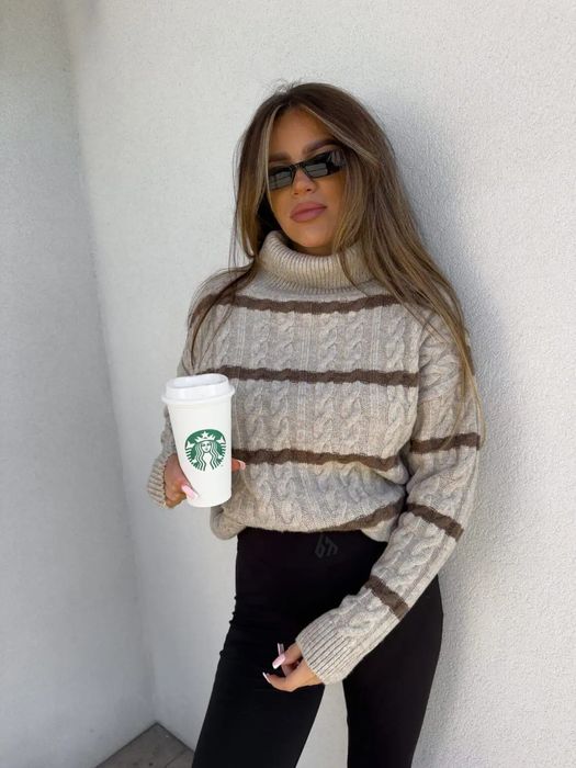 Golf damski INKO w pasy beżowo-czekoladowe By Me rozmiar uniwersalny