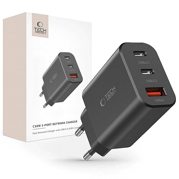 Ładowarka Tech-Protect NC30W sieciowa 2x USB-C PD 30W / USB-A QC 3.0 -