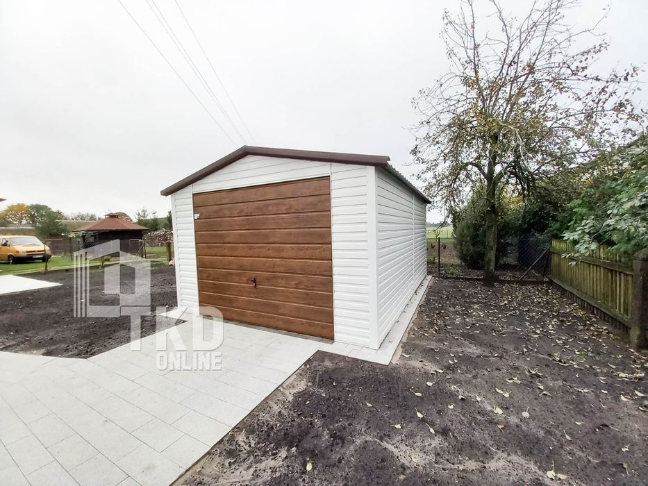 Garaż Blaszany 4X6 Brama 2X Okno - Biały + Ciemny Orzech  Tkd113