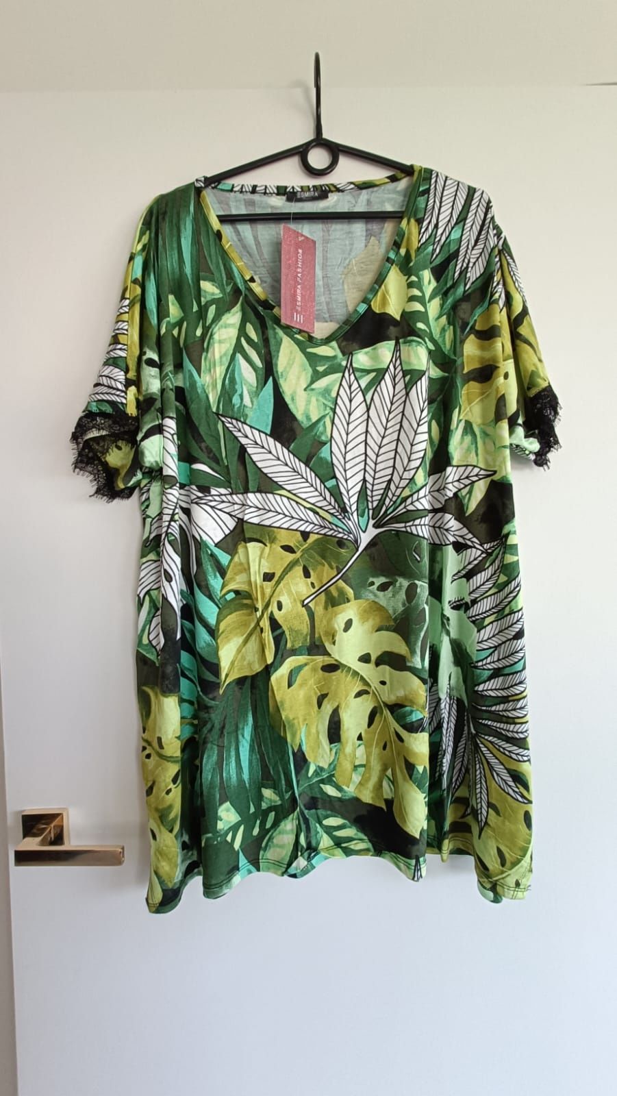 Bluzka, tunika, plus size, asymetryczna, liście, 50/52/54/56