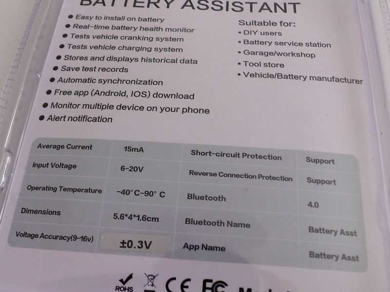 Tester monitor akumulatorów bluetooth 6-20V na smartfonie