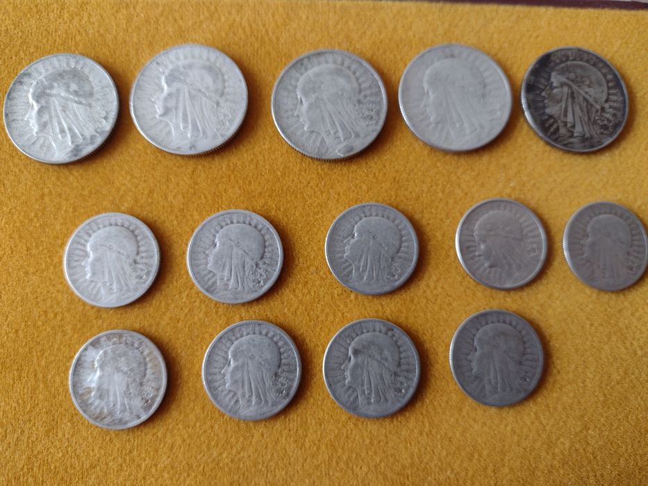 Monety głowa kobiety 5 złotych 2 złote srebro II RP