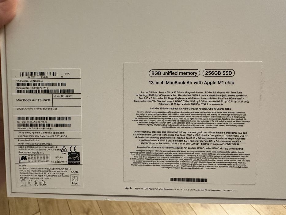 laptop Macbook Air 13,3’ Retina M1 (model A2337 gwiezdna szarość)