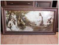 Stary duży obraz "Jezus na łodzi" 135cm x 67cm Oryginał!