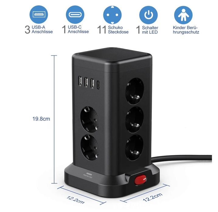 Listwa zasilająca antyprzepięciowa czarna 230v x11 USB a USB C NOWA