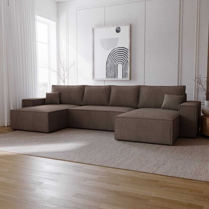 Duży narożnik z funkcją spania i pojemnikiem tkanina sztruks Bergamo U