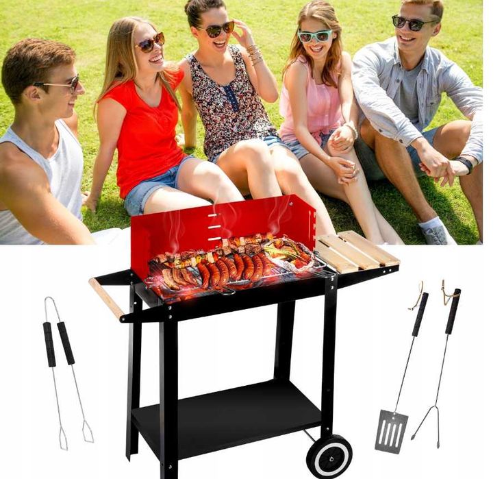Grill Węglowy Ogrodowy Na Kołach, PÓŁKI, GRIL NA BRYKIET BBQ GRILL