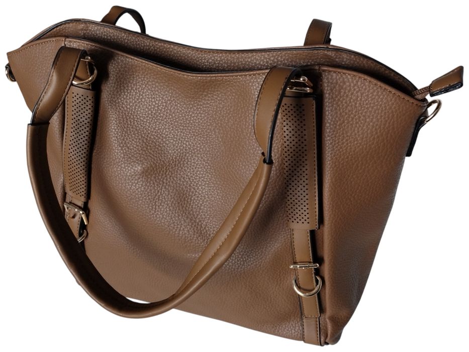Duża Shopperka Damska, Miejska, Eko Skóra Groszkowa Brąz Camel