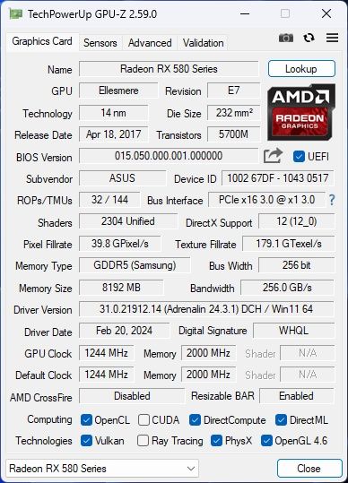 Asus RX580 O8G Gaming