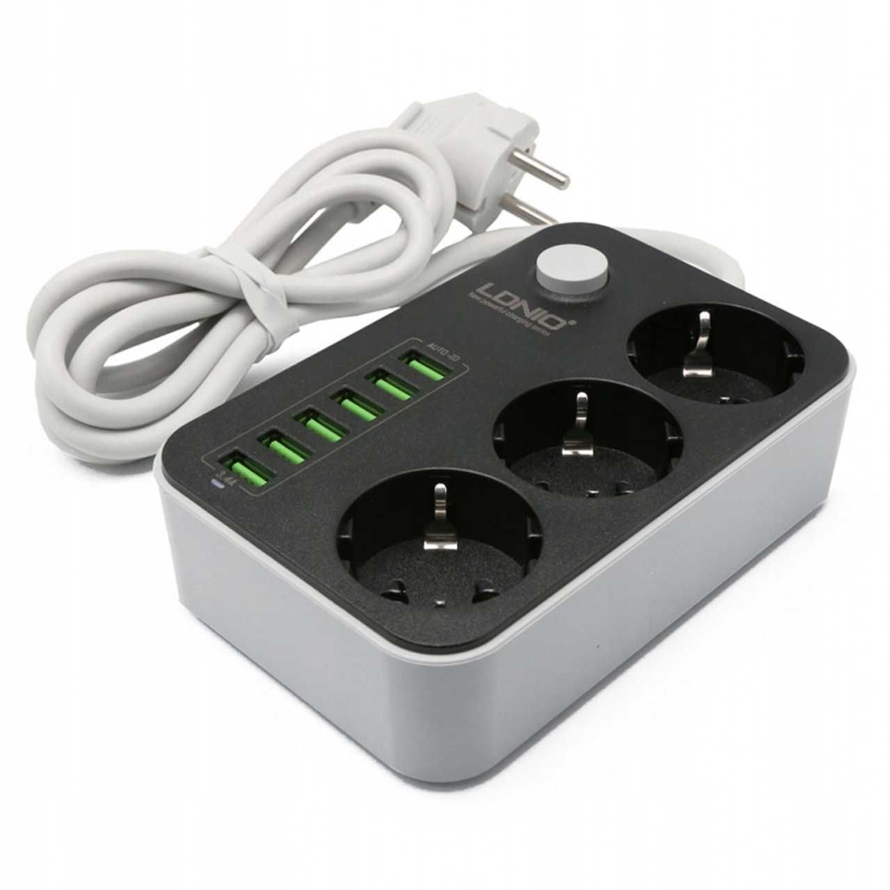 Ldnio SE3631 Listwa zasilająca 3 gniazda 1,6m 6x USB 3.4A Przedłużacz