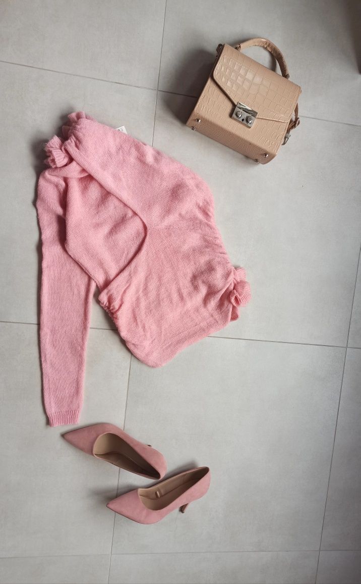 Zara sweter asymetryczny różowy kwiaty 3d m 38