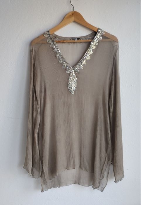 Długa bluzka narzutka na top bluzkę z jedwabiu 100% brązowa M/L luźna