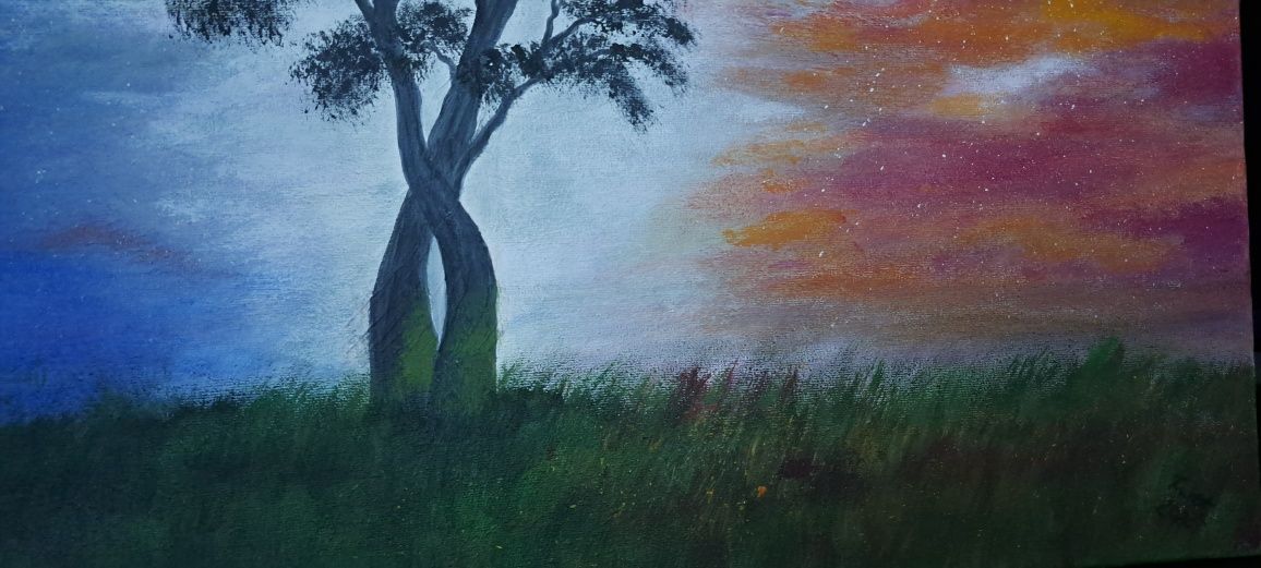 Obraz ręcznie malowany abstrakcja splecione drzewa, miłość 60x40