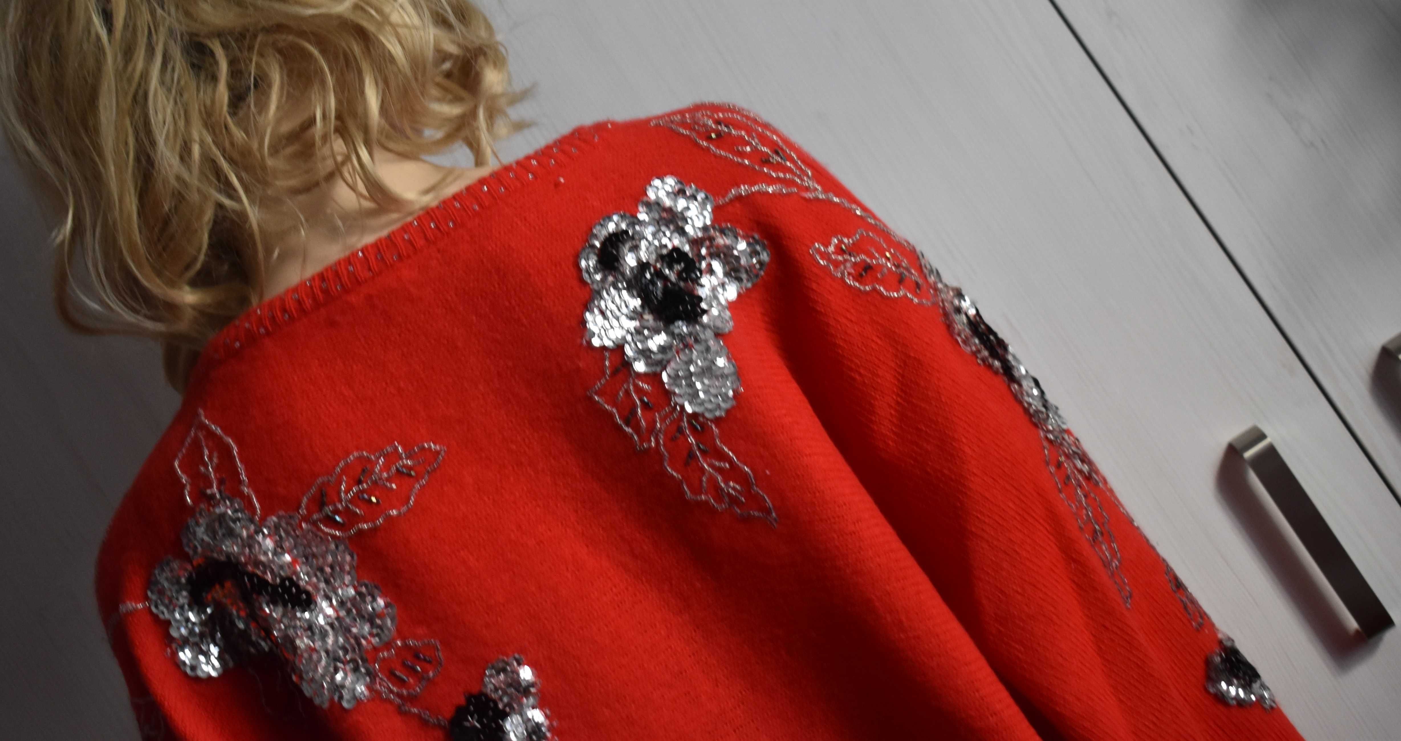 Sweter XL XXL 42 wełniany cyrkonie cekiny kwiaty tunika wełna angora