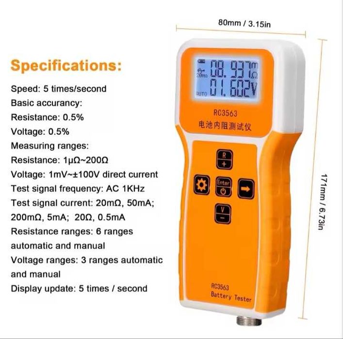 Tester rezystancji akumulatorów RC3563 Li-ion 18650 NMC LFP Kwasowe