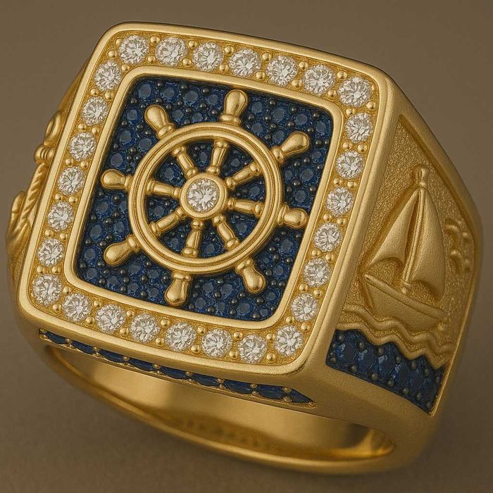 Złoty sygnet pierścień Marynarza Kapitana Żeglarza 18g pr 585 z brylan