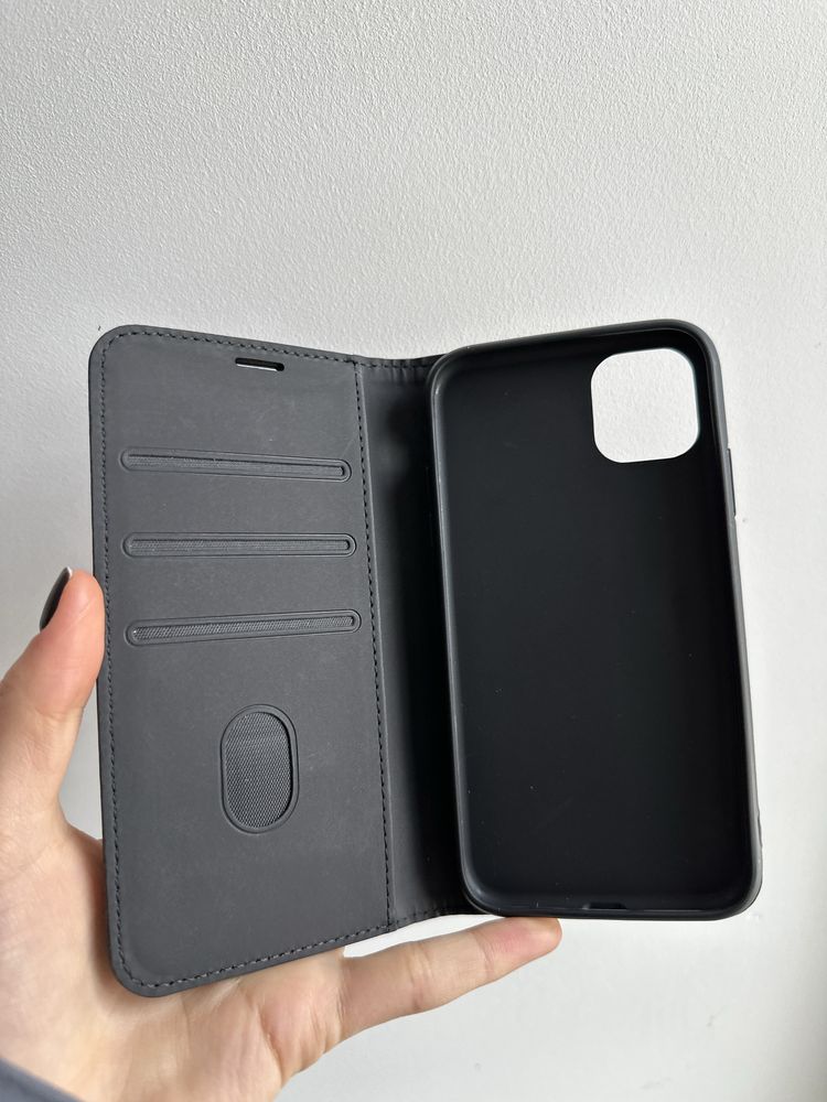 Szkło hartowane i etui zamykane czarne Smart Suede do IPHONE 11