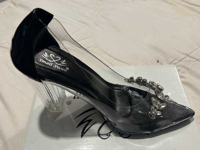 czółenka na obcasie, przezroczyste buty z eleganckimi dodatkami