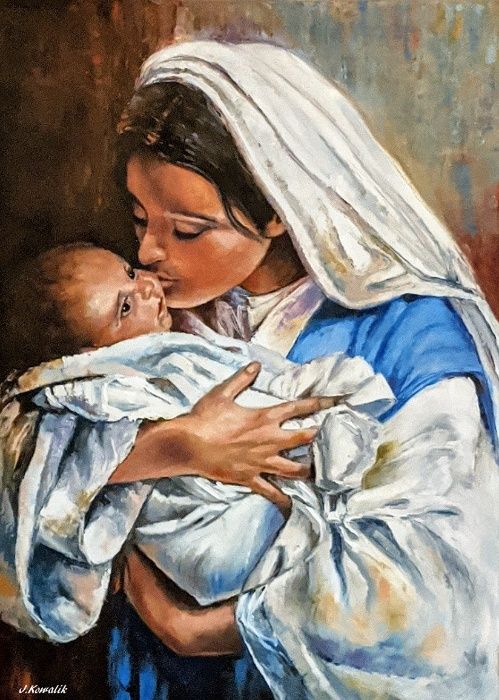 Kowalik - Maryja z dzieciątkiem pocałunek obraz olejny 50x70cm