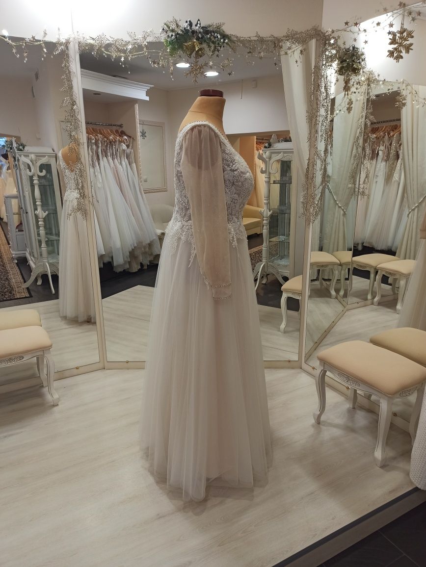 Suknia ślubna plus size 48 50 52 NOWA brokatowy ivory beż długi rękaw