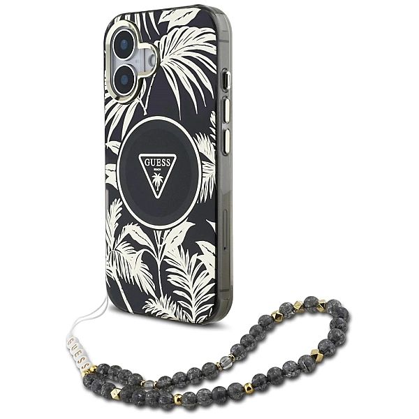 Etui Guess Palm Trees Triangle Pearl Strap MagSafe do iPhone 16 czarny