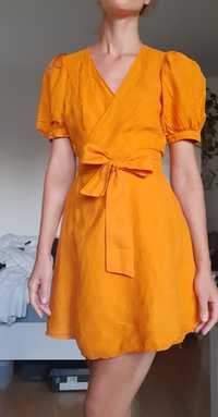 Sukienka 100% len pomarańczowa lniana z lnu linen piękna z bufkami żół