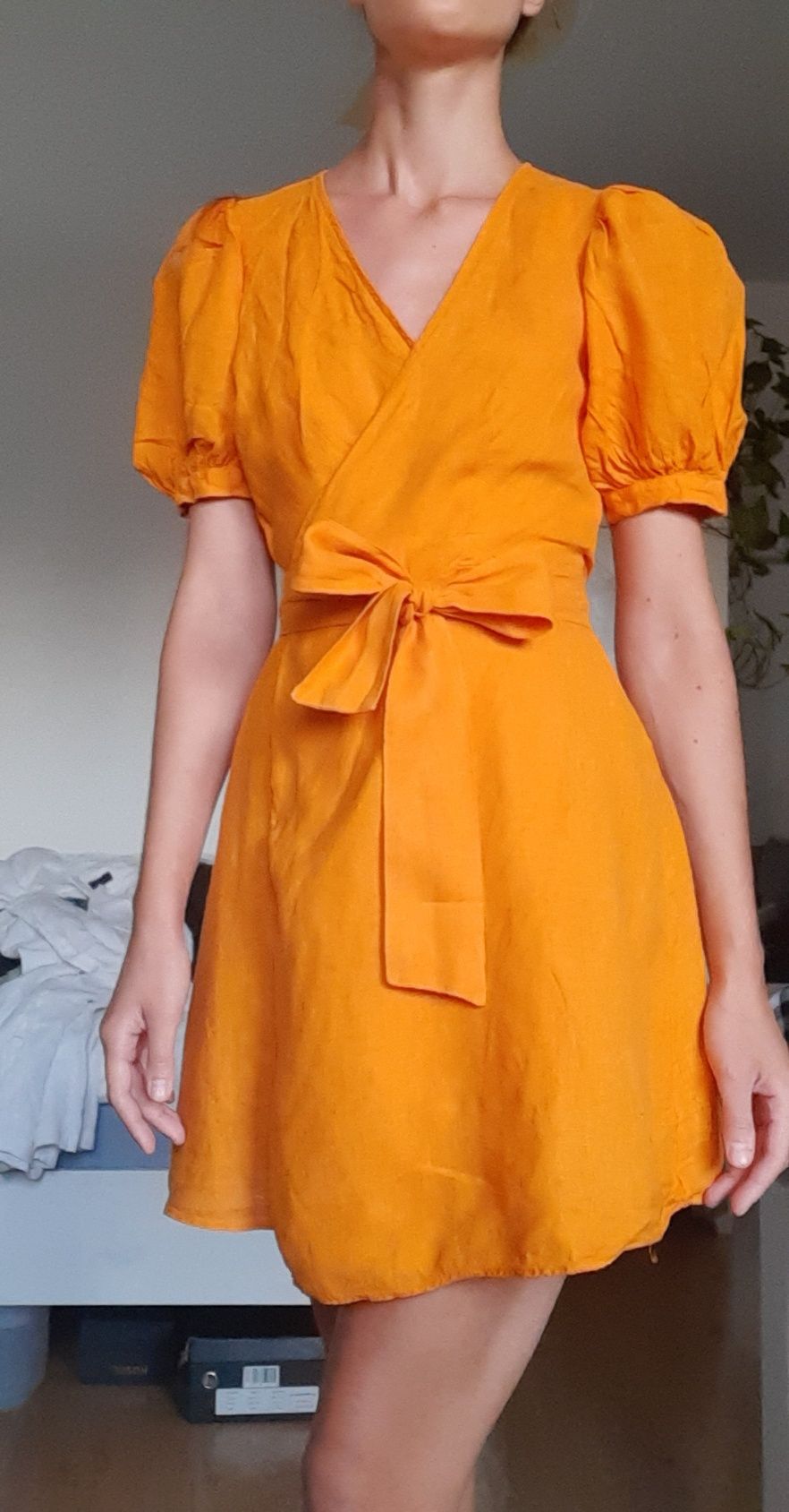 Sukienka 100% len pomarańczowa lniana z lnu linen piękna z bufkami żół