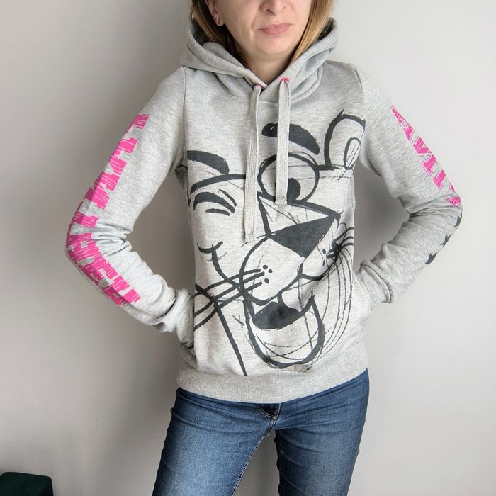 Szara bluza damska kaptur ocieplana kieszenie różowa pantera