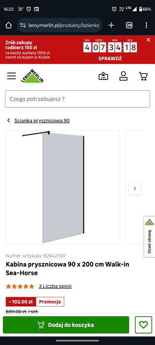 Szyba prysznicowa walk in 90cm