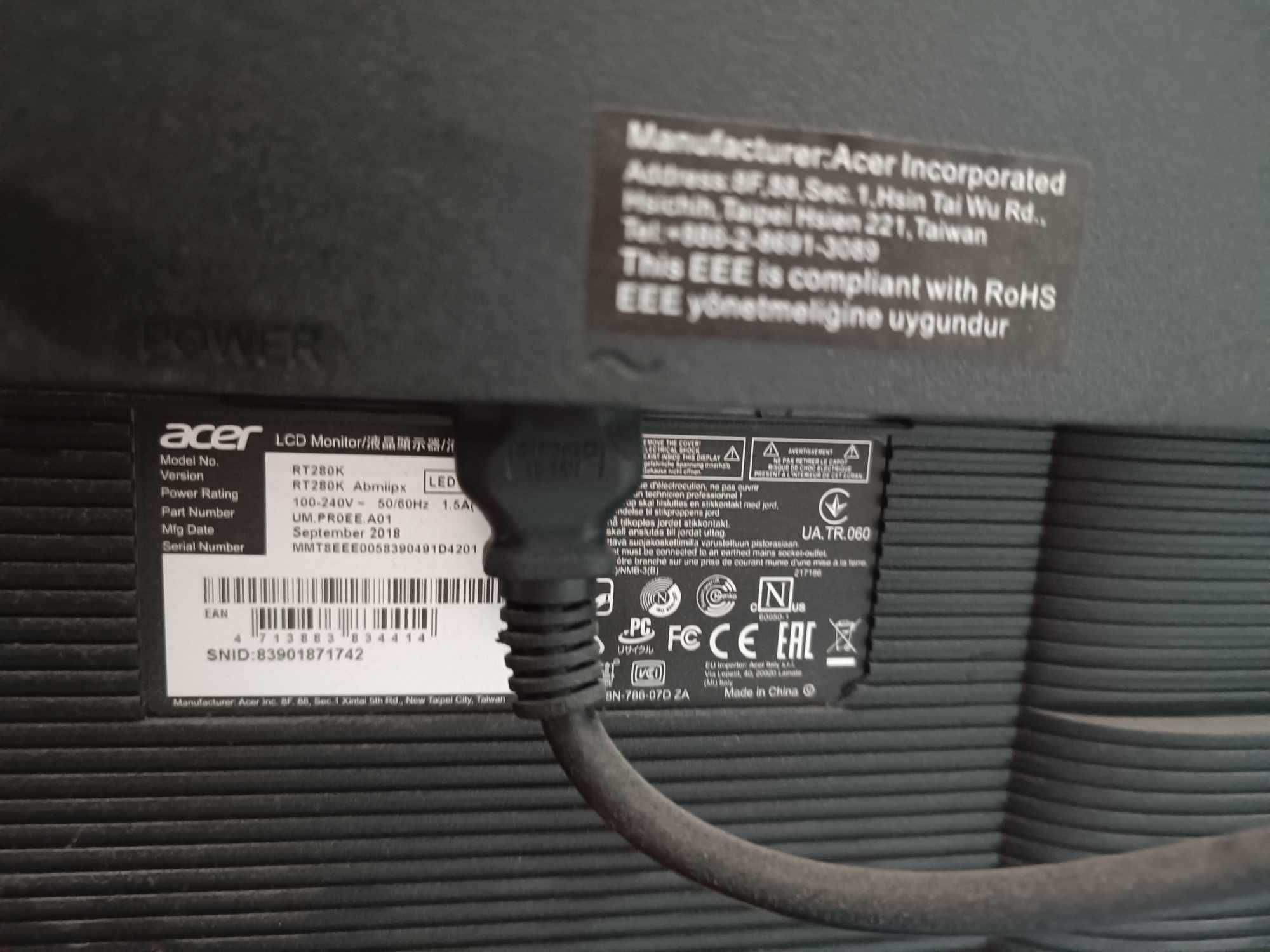 Monitor 4K 60hz Acer RT280K 28"