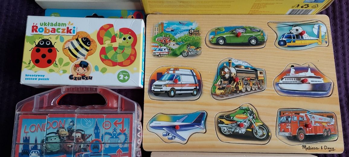 Zestaw puzzli drewnianych,grających, układanek, domino,Cars