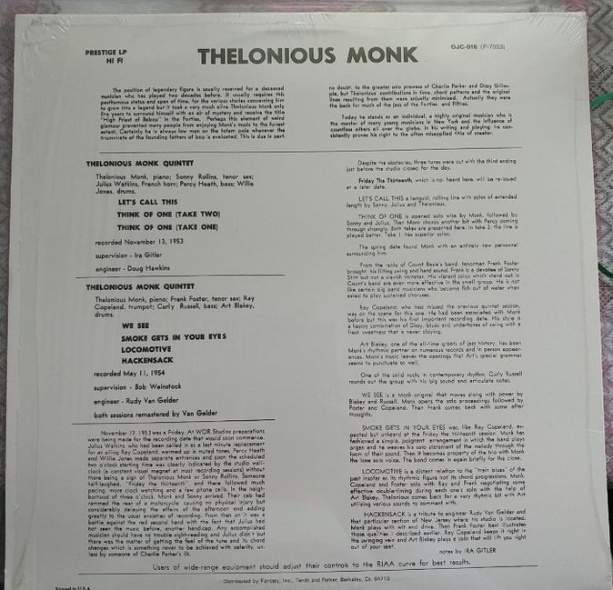 Thelonious Monk with Sonny Rollins and Frank Foster ‎– Monk Vinyl LP