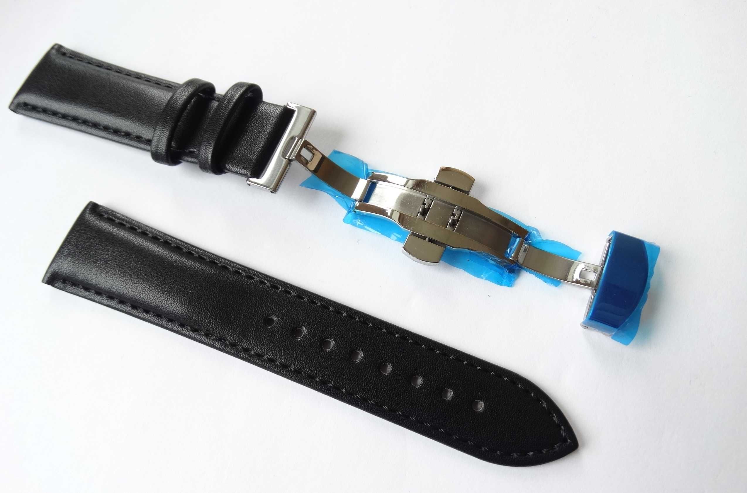Skórzany pasek 22mm do zegarka czarny gładki klamra zapięcie motylkowe