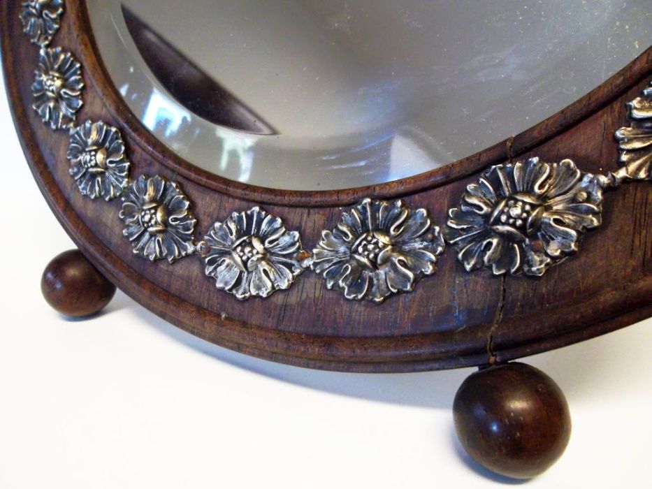 antigo espelho de mesa em pau santo com prata - restaurado